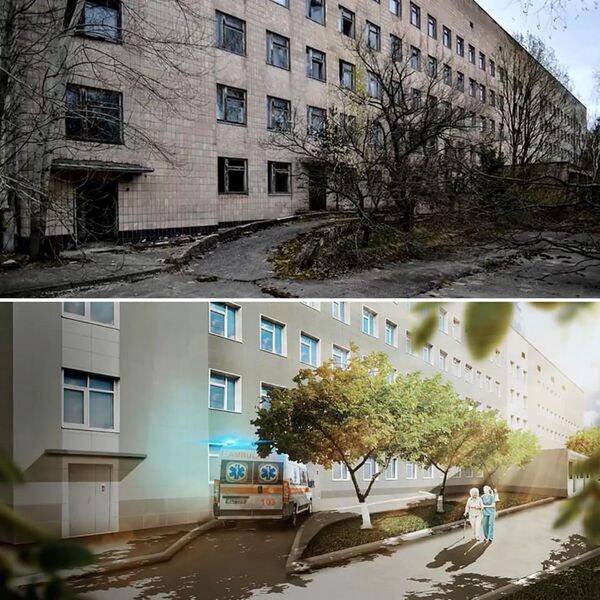Фотографии больницы города Припять после аварии на Чернобыльской АЭС и в фантазии художника без аварии - Sputnik Таджикистан