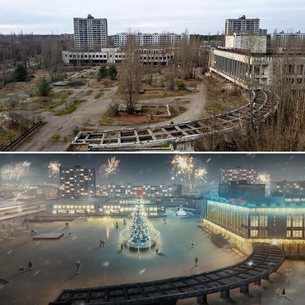 Фотографии площади города Припять после аварии на Чернобыльской АЭС и в фантазии художника без аварии - Sputnik Таджикистан