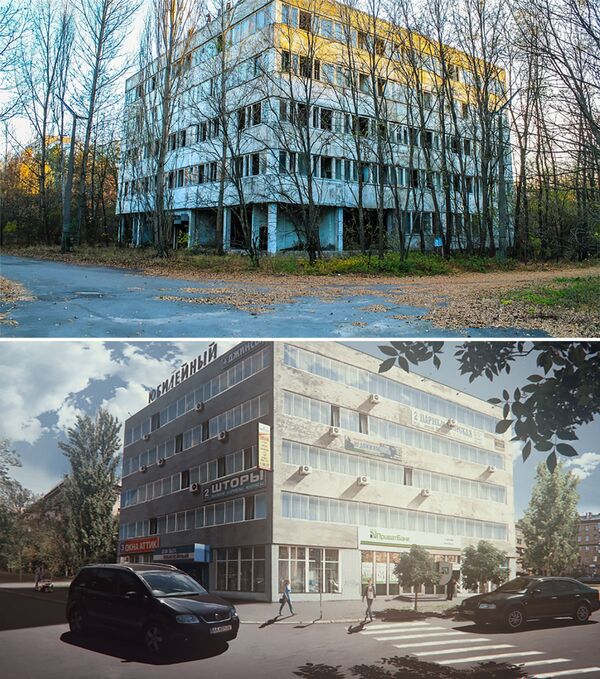 Фотографии здания города Припять после аварии на Чернобыльской АЭС и в фантазии художника без аварии - Sputnik Таджикистан