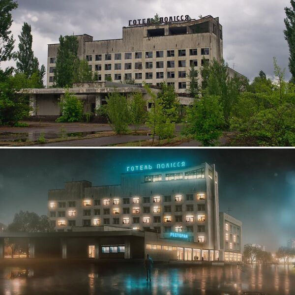 Фотографии гостиницы города Припять после аварии на Чернобыльской АЭС и в фантазии художника без аварии - Sputnik Таджикистан