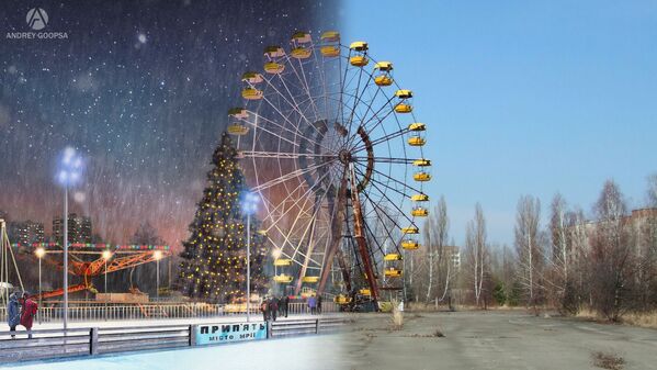 Фотографии колеса обозрения города Припять после аварии на Чернобыльской АЭС и в фантазии художника без аварии - Sputnik Таджикистан